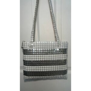 La Regale Mesh Tote Bag Vintage 90's White Silver Striped Chainmail Shoulder Bag